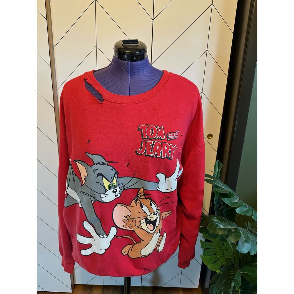 Tom and Jerry Distressed Upcycled Hole Red Crewneck Oversize Sweatshirt Retro
